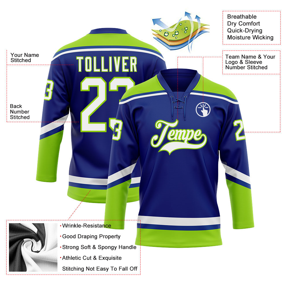 Custom Royal White-Neon Green Hockey Lace Neck Jersey view 3