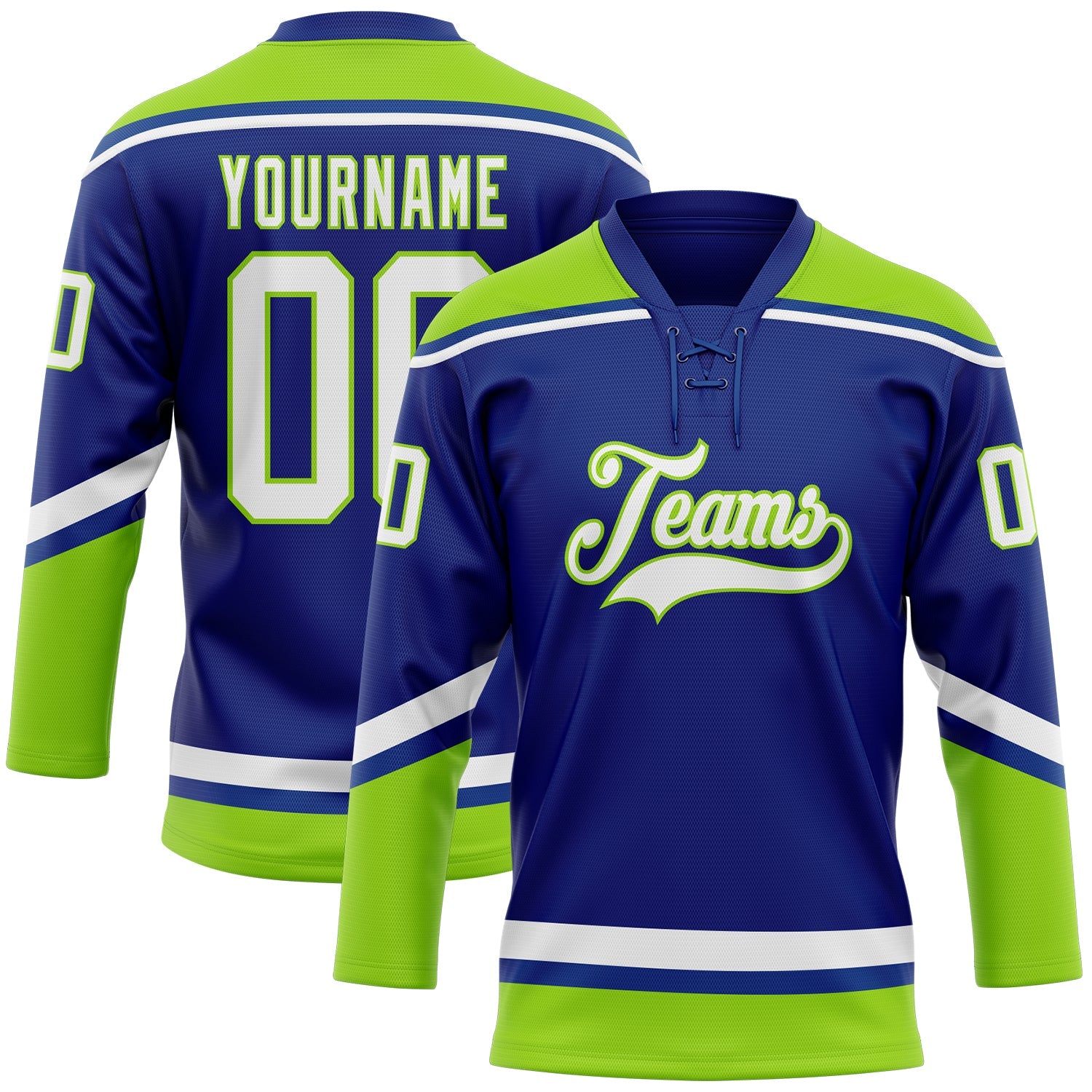 Custom Royal White-Neon Green Hockey Lace Neck Jersey - Main View