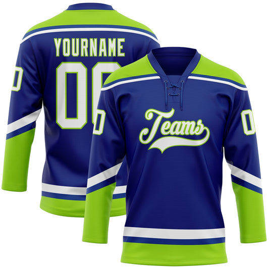 Custom Royal White-Neon Green Hockey Lace Neck Jersey - Main View