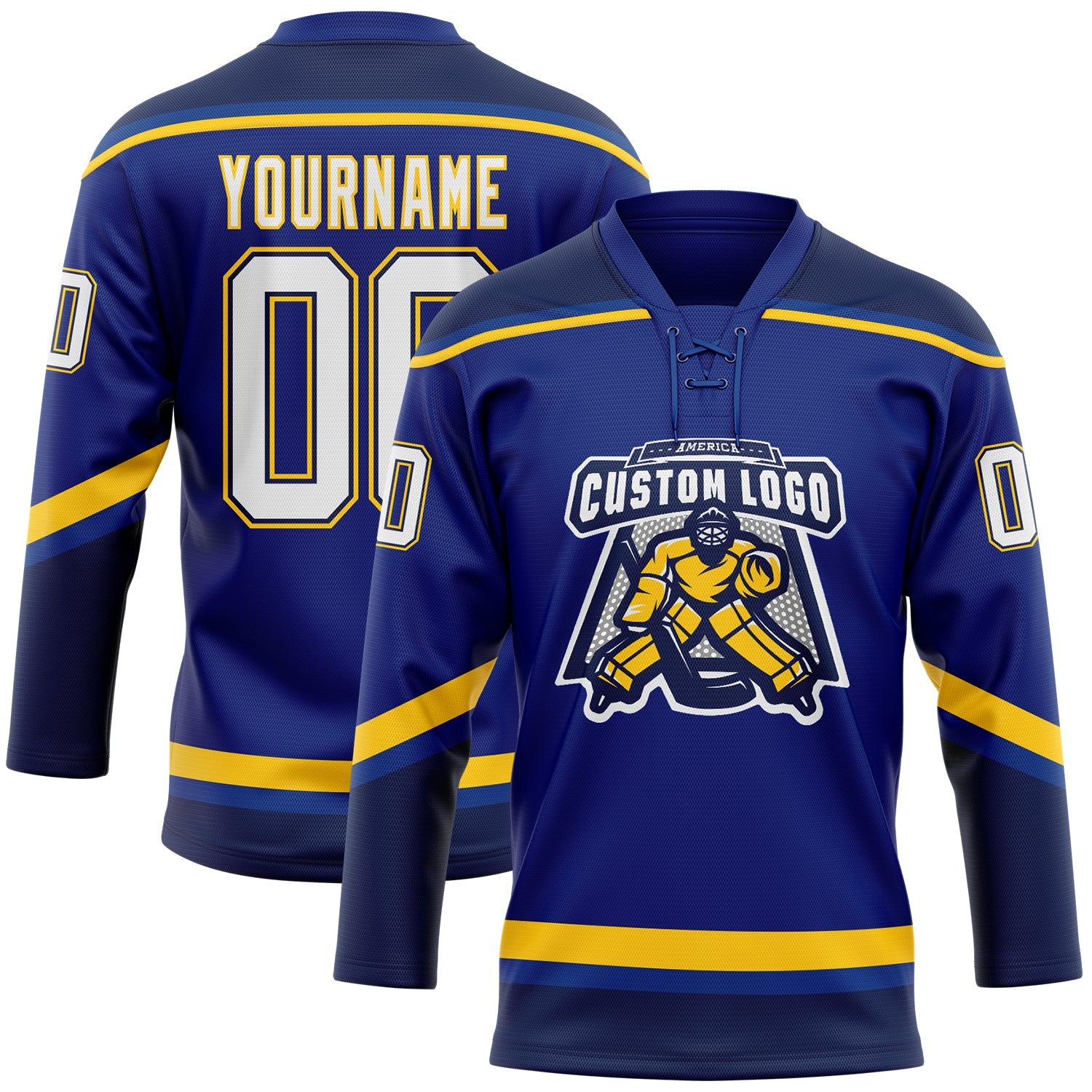 Custom Royal White Navy-Yellow Hockey Lace Neck Jersey view 2