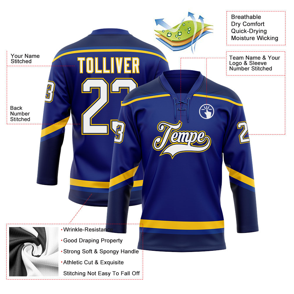 Custom Royal White Navy-Yellow Hockey Lace Neck Jersey view 3