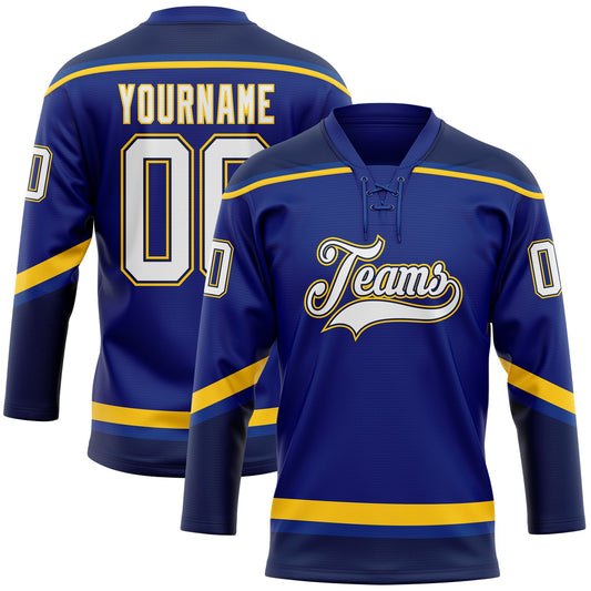 Custom Royal White Navy-Yellow Hockey Lace Neck Jersey - Main View