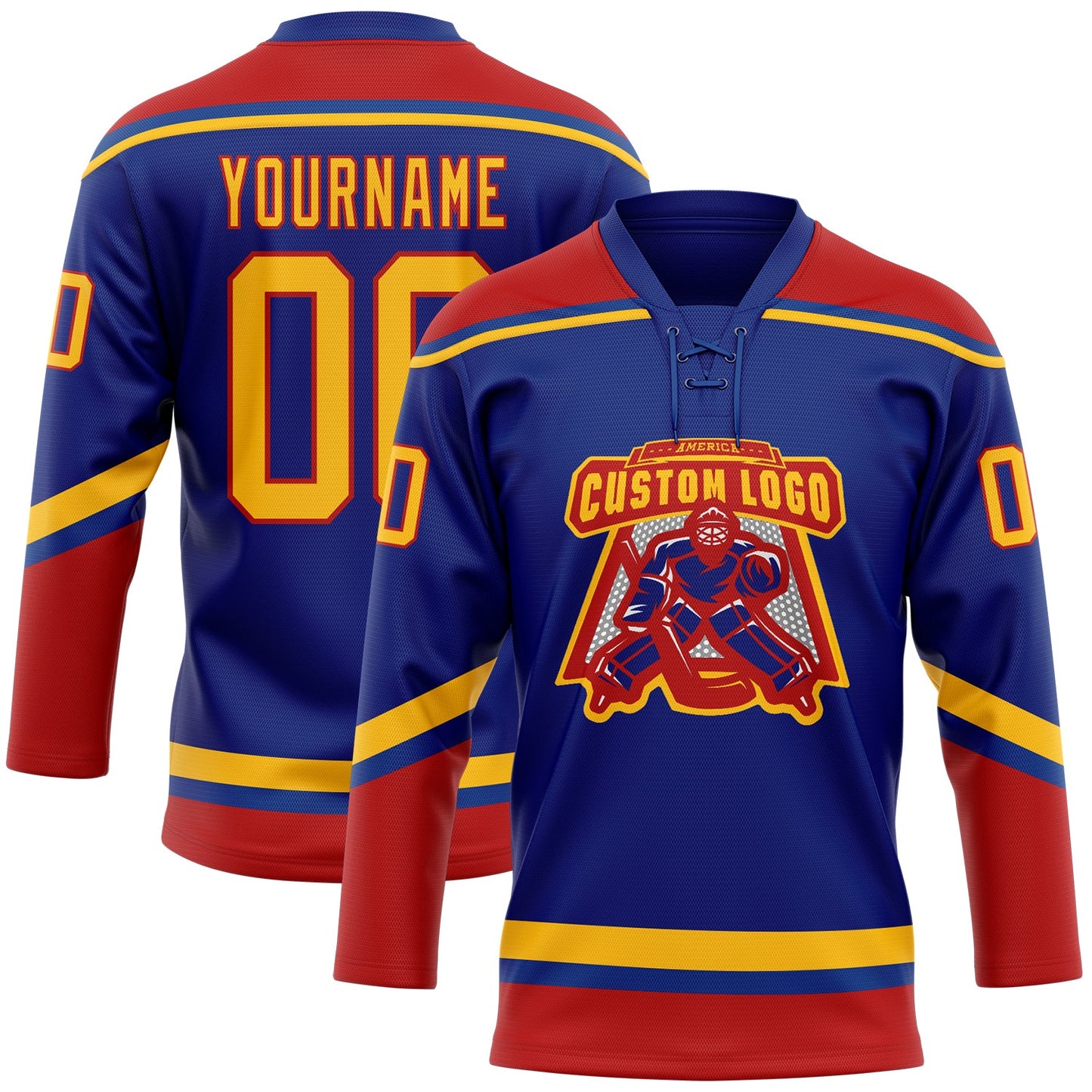 Custom Royal Gold-Red Hockey Lace Neck Jersey view 2
