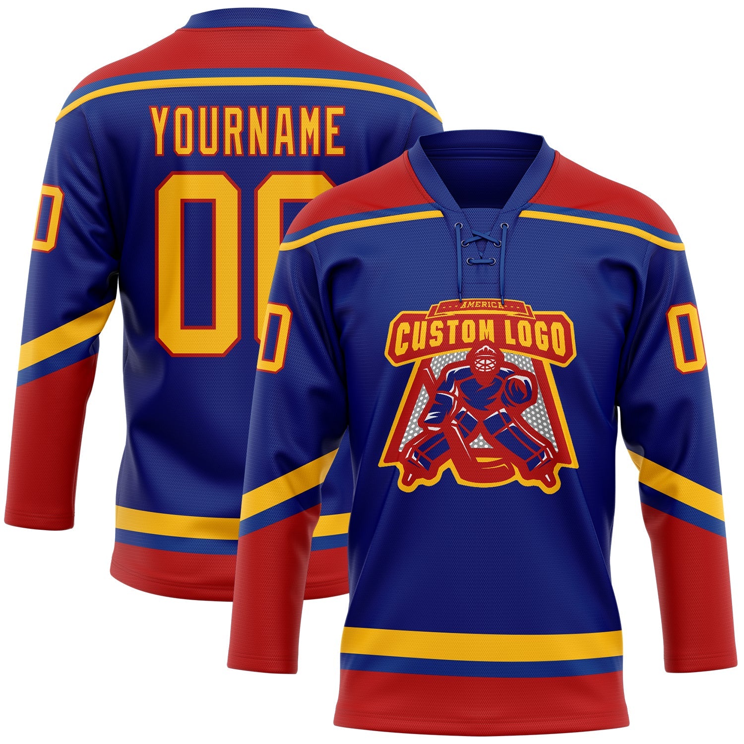 Custom Royal Gold-Red Hockey Lace Neck Jersey view 2