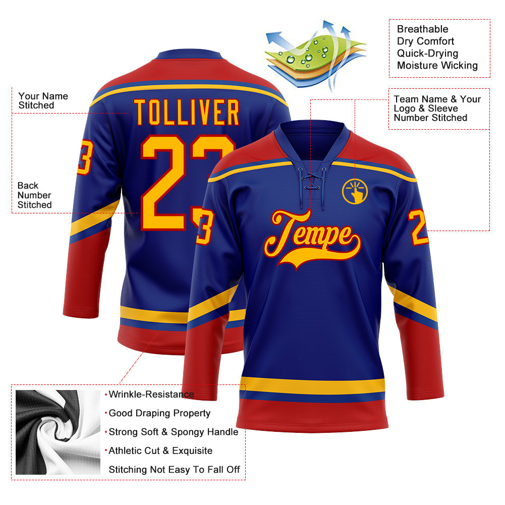 Custom Royal Gold-Red Hockey Lace Neck Jersey view 3