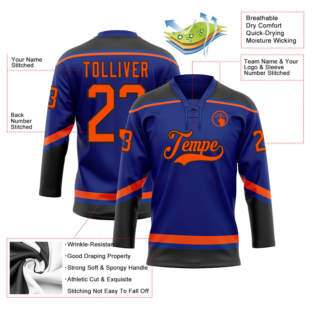Custom Royal Orange-Black Hockey Lace Neck Jersey view 3