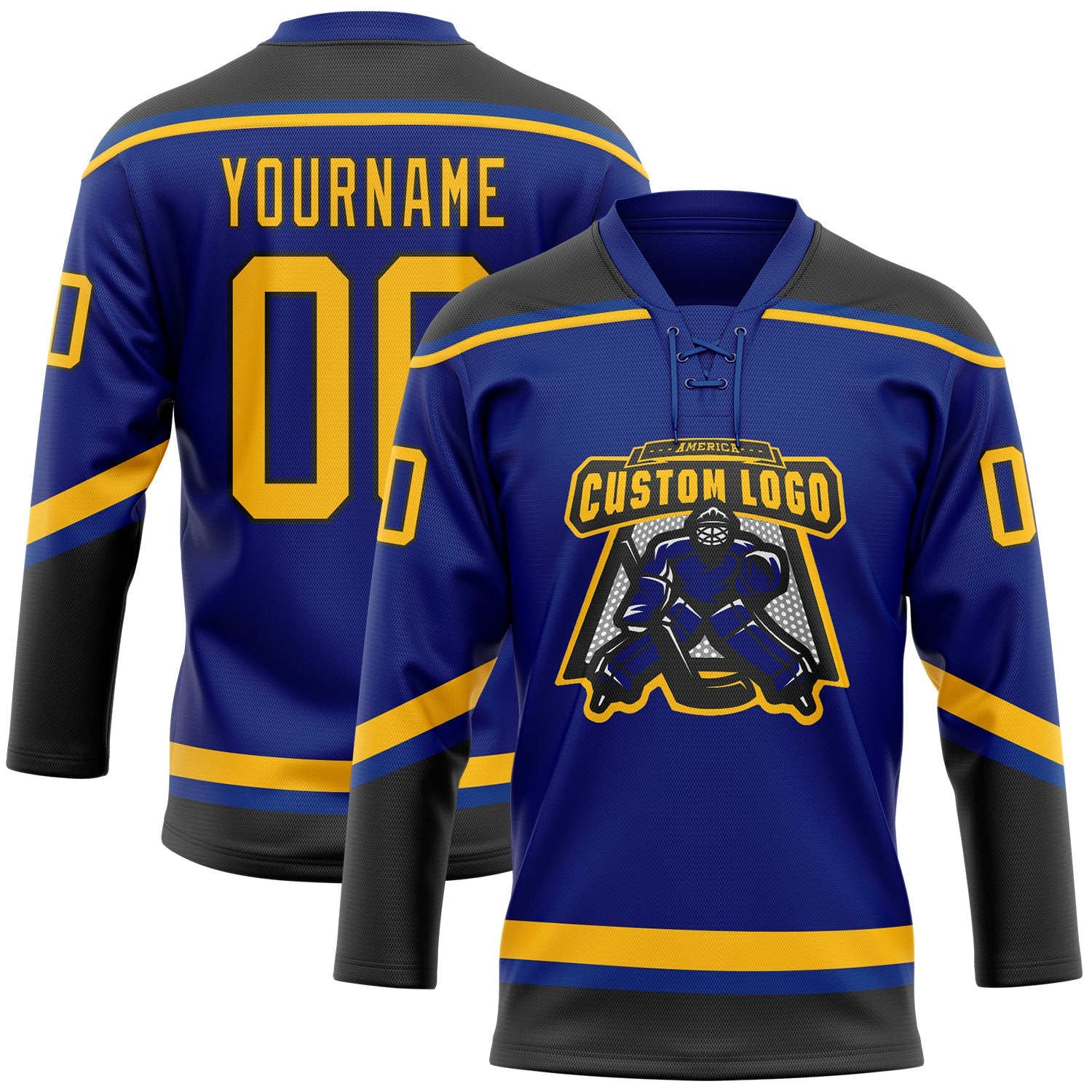Custom Royal Gold-Black Hockey Lace Neck Jersey view 2