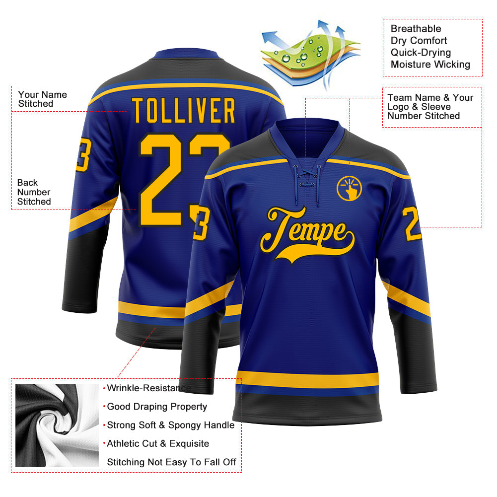 Custom Royal Gold-Black Hockey Lace Neck Jersey view 3