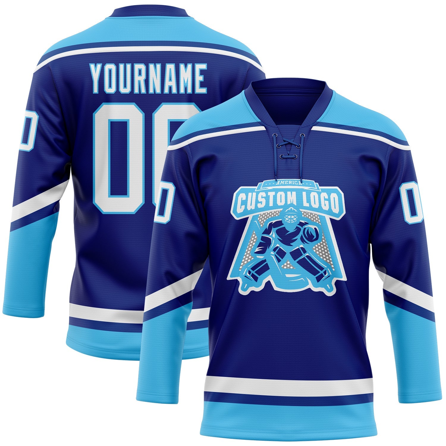 Custom Royal White-Sky Blue Hockey Lace Neck Jersey view 2