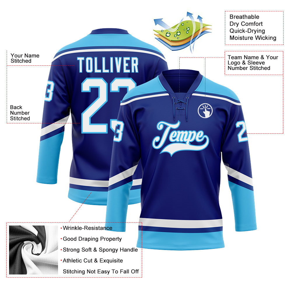 Custom Royal White-Sky Blue Hockey Lace Neck Jersey view 3