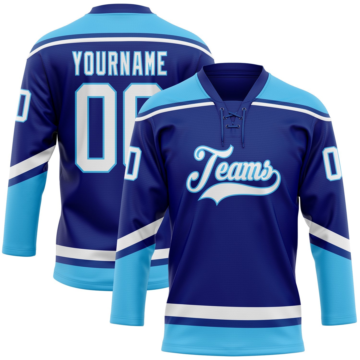 Custom Royal White-Sky Blue Hockey Lace Neck Jersey - Main View