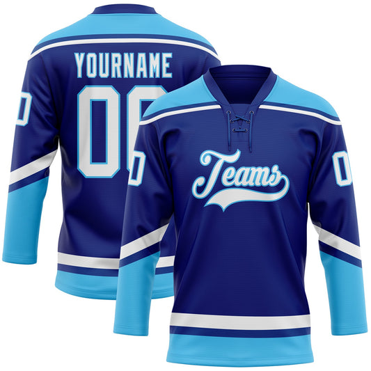 Custom Royal White-Sky Blue Hockey Lace Neck Jersey - Main View