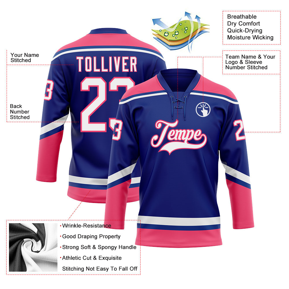Custom Royal White-Neon Pink Hockey Lace Neck Jersey view 3