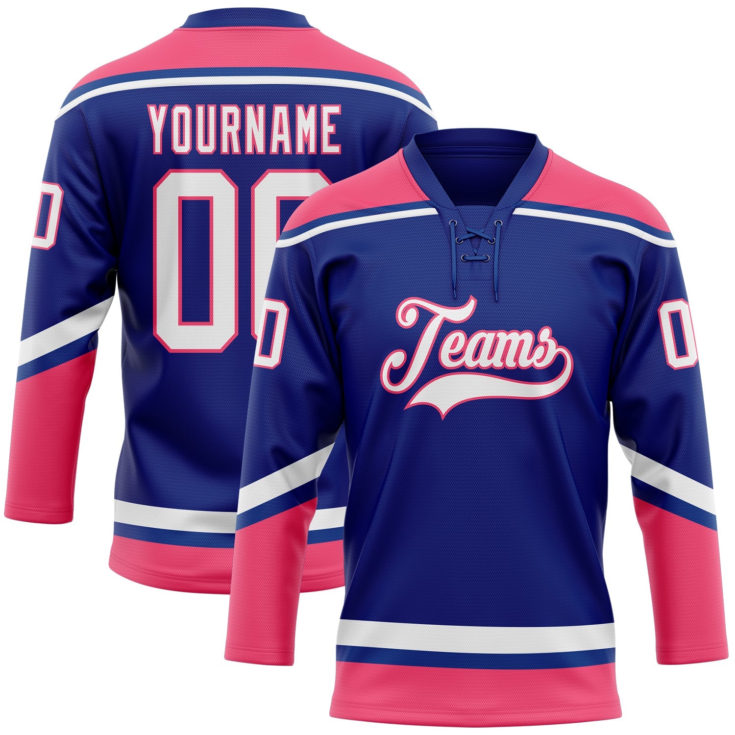 Custom Royal White-Neon Pink Hockey Lace Neck Jersey - Main View