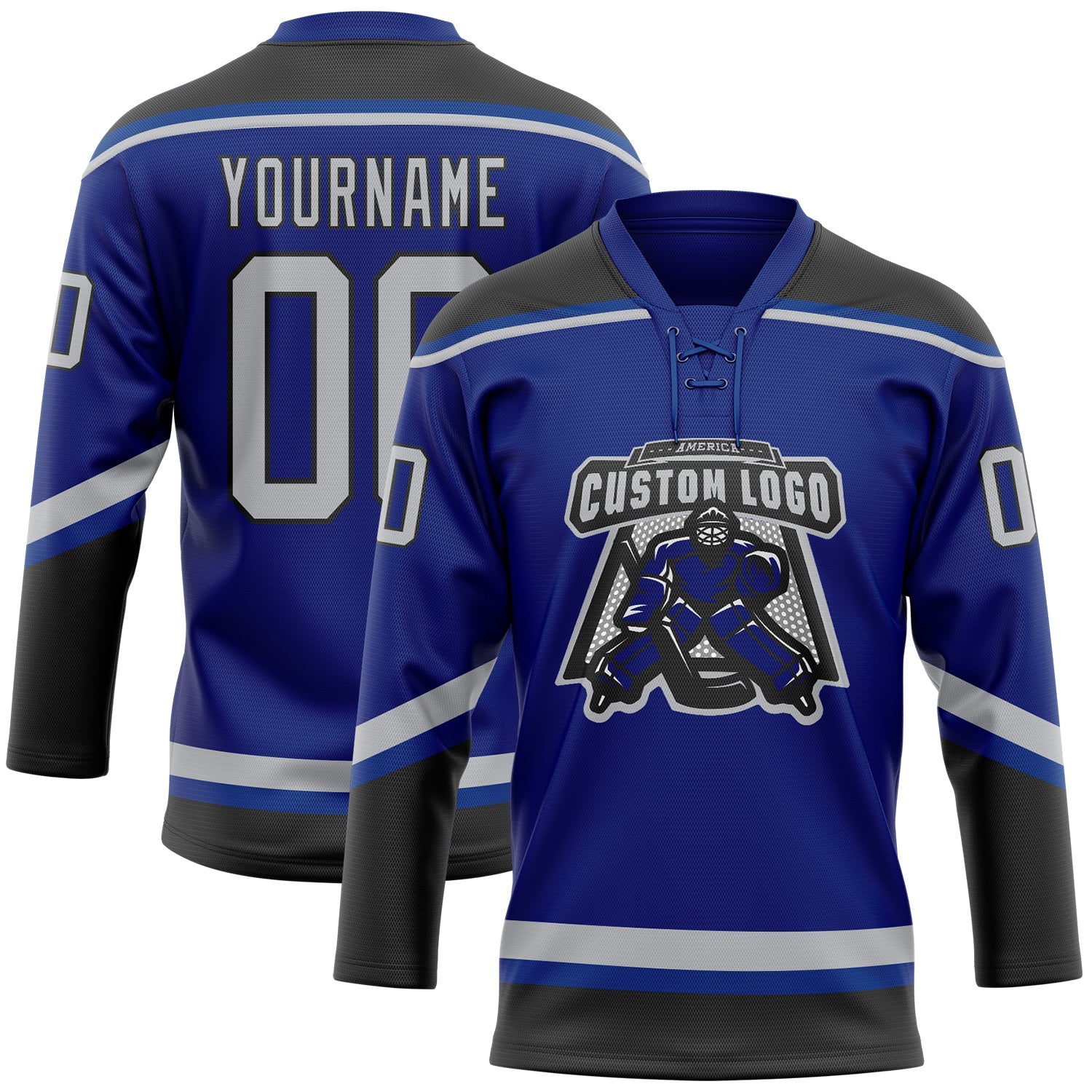 Custom Royal Gray-Black Hockey Lace Neck Jersey view 2