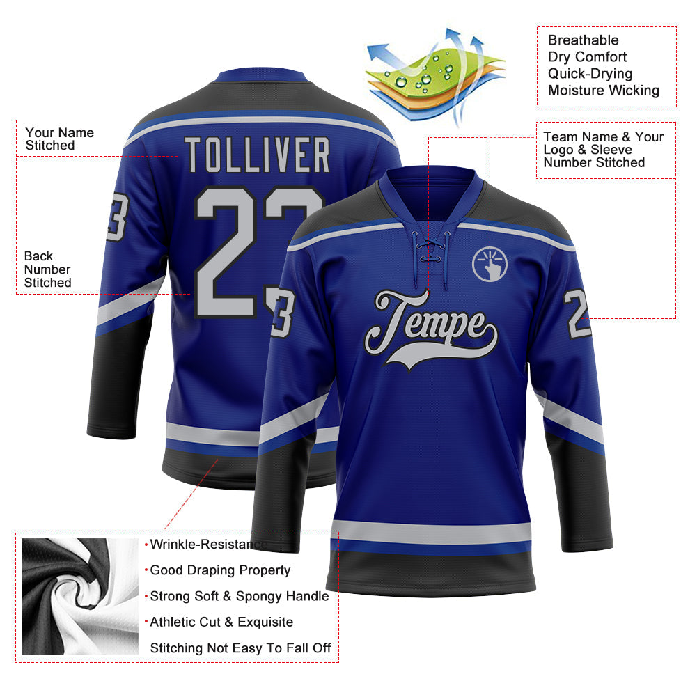 Custom Royal Gray-Black Hockey Lace Neck Jersey view 3