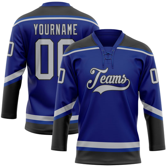 Custom Royal Gray-Black Hockey Lace Neck Jersey - Main View