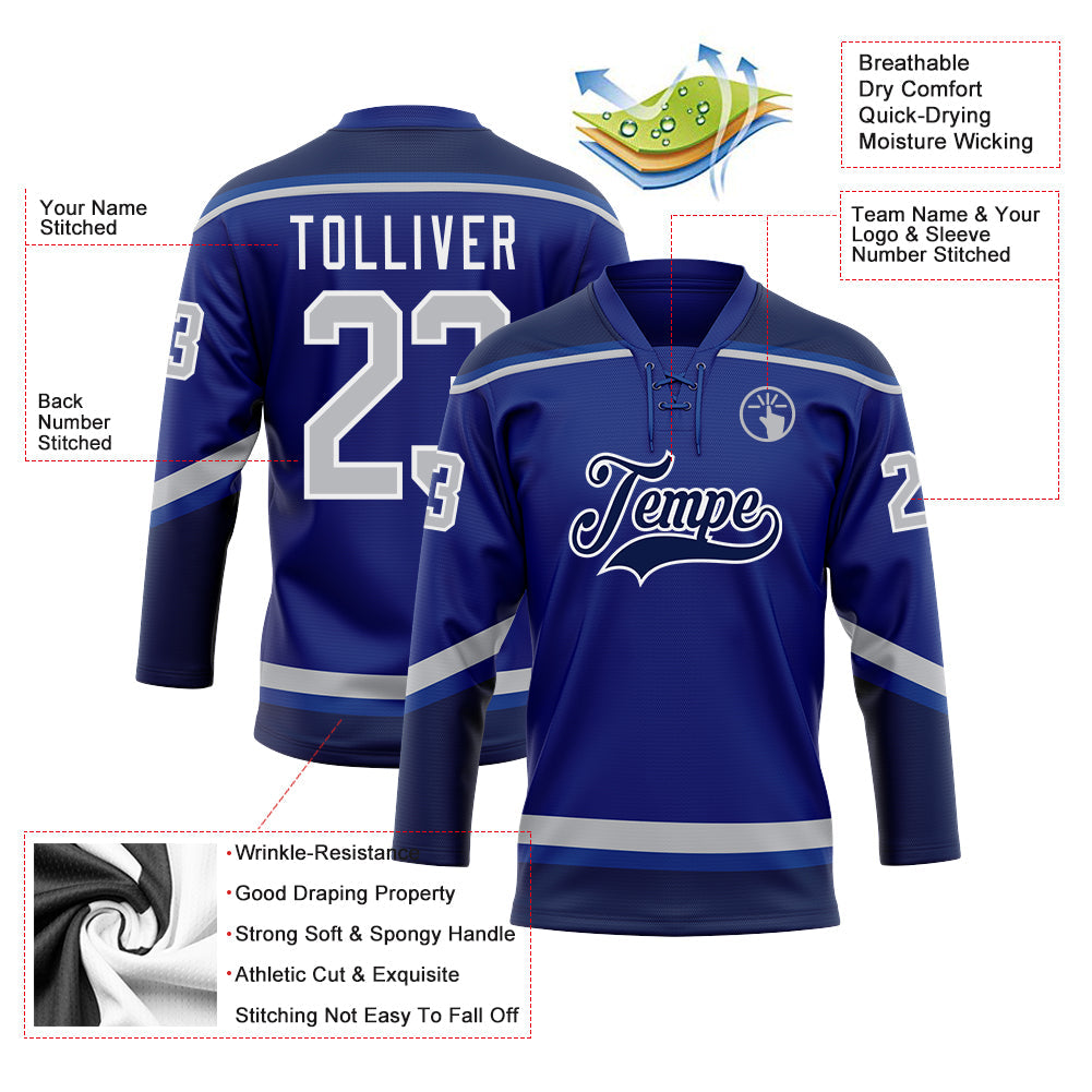 Custom Royal Gray-Navy Hockey Lace Neck Jersey view 3