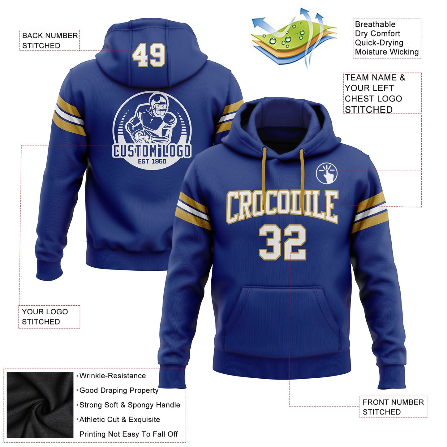 Custom Stitched Royal White-Old Gold Football Pullover Sweatshirt Hoodie view 2