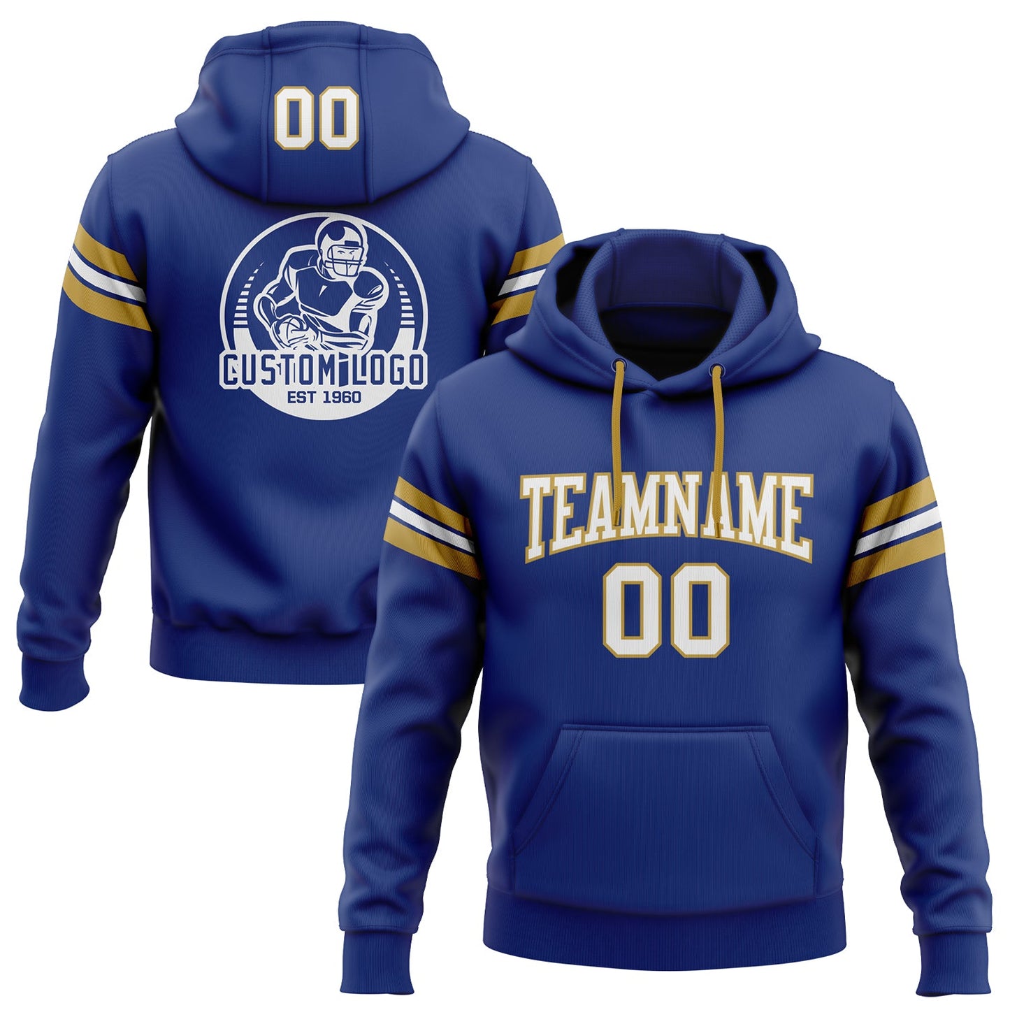 Custom Stitched Royal White-Old Gold Football Pullover Sweatshirt Hoodie - Main View