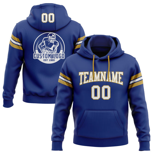 Custom Stitched Royal White-Old Gold Football Pullover Sweatshirt Hoodie - Main View