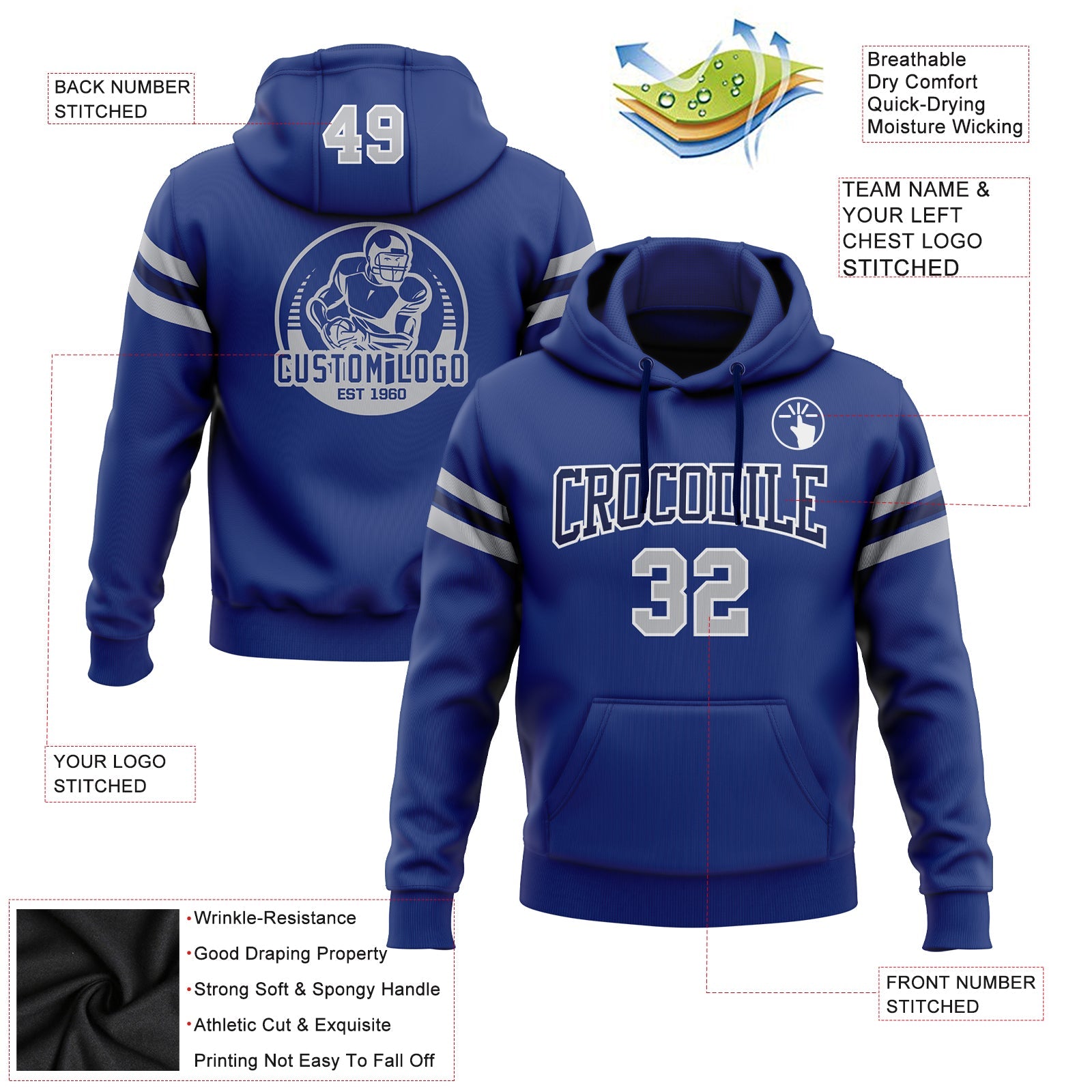 Custom Stitched Royal Gray-Navy Football Pullover Sweatshirt Hoodie view 2