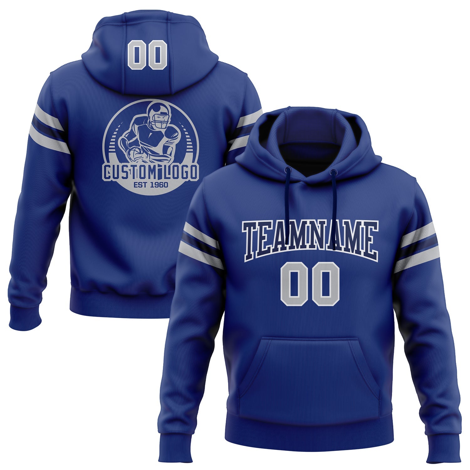 Custom Stitched Royal Gray-Navy Football Pullover Sweatshirt Hoodie - Main View