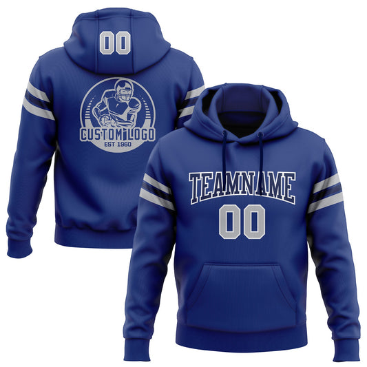 Custom Stitched Royal Gray-Navy Football Pullover Sweatshirt Hoodie - Main View