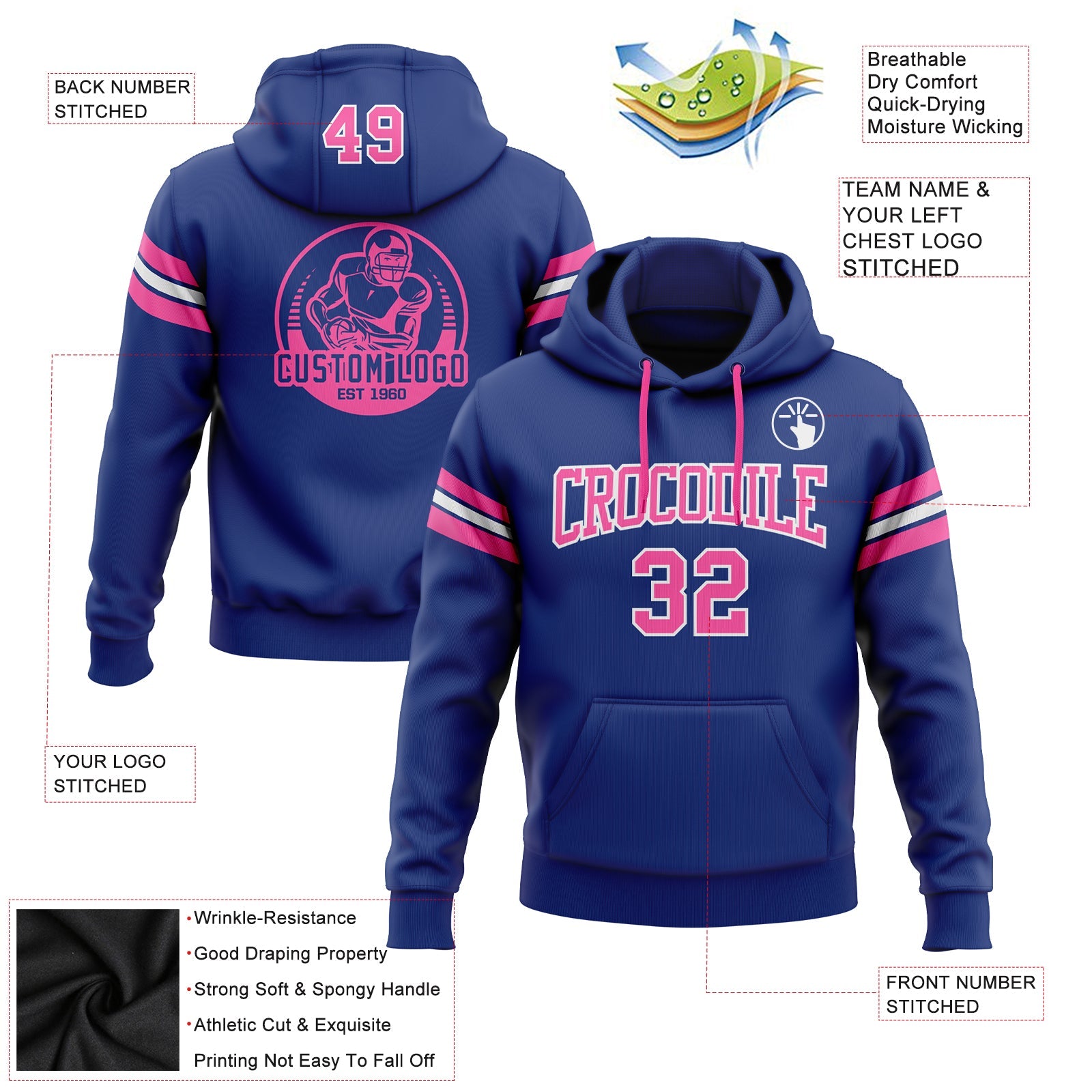 Custom Stitched Royal Pink-White Football Pullover Sweatshirt Hoodie view 2
