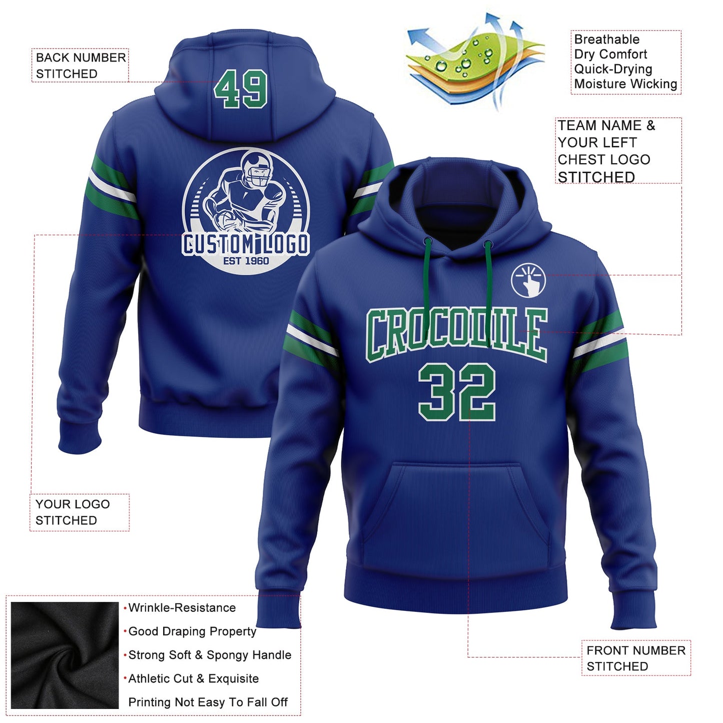 Custom Stitched Royal Kelly Green-White Football Pullover Sweatshirt Hoodie view 2