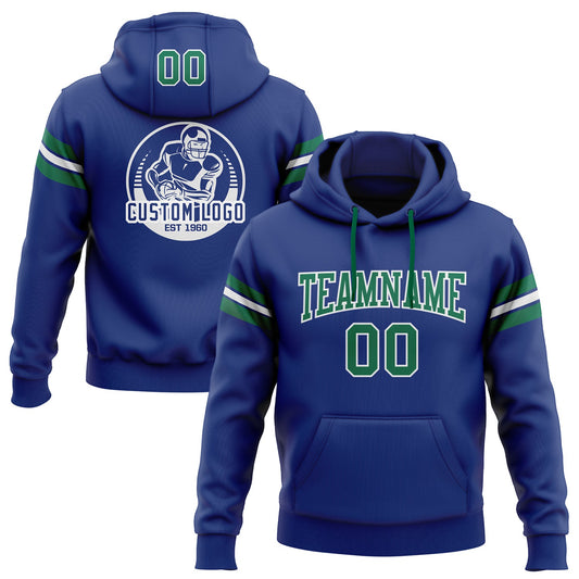 Custom Stitched Royal Kelly Green-White Football Pullover Sweatshirt Hoodie - Main View