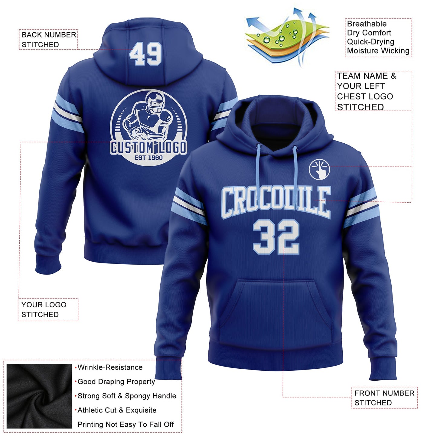 Custom Stitched Royal White-Light Blue Football Pullover Sweatshirt Hoodie view 2
