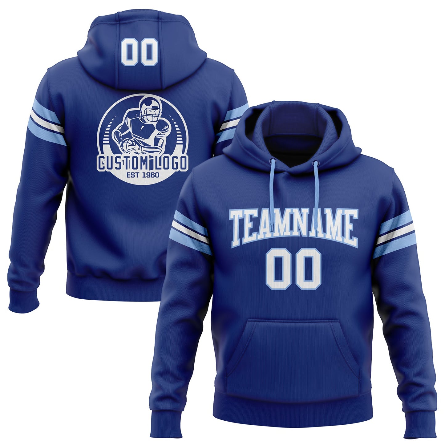 Custom Stitched Royal White-Light Blue Football Pullover Sweatshirt Hoodie - Main View