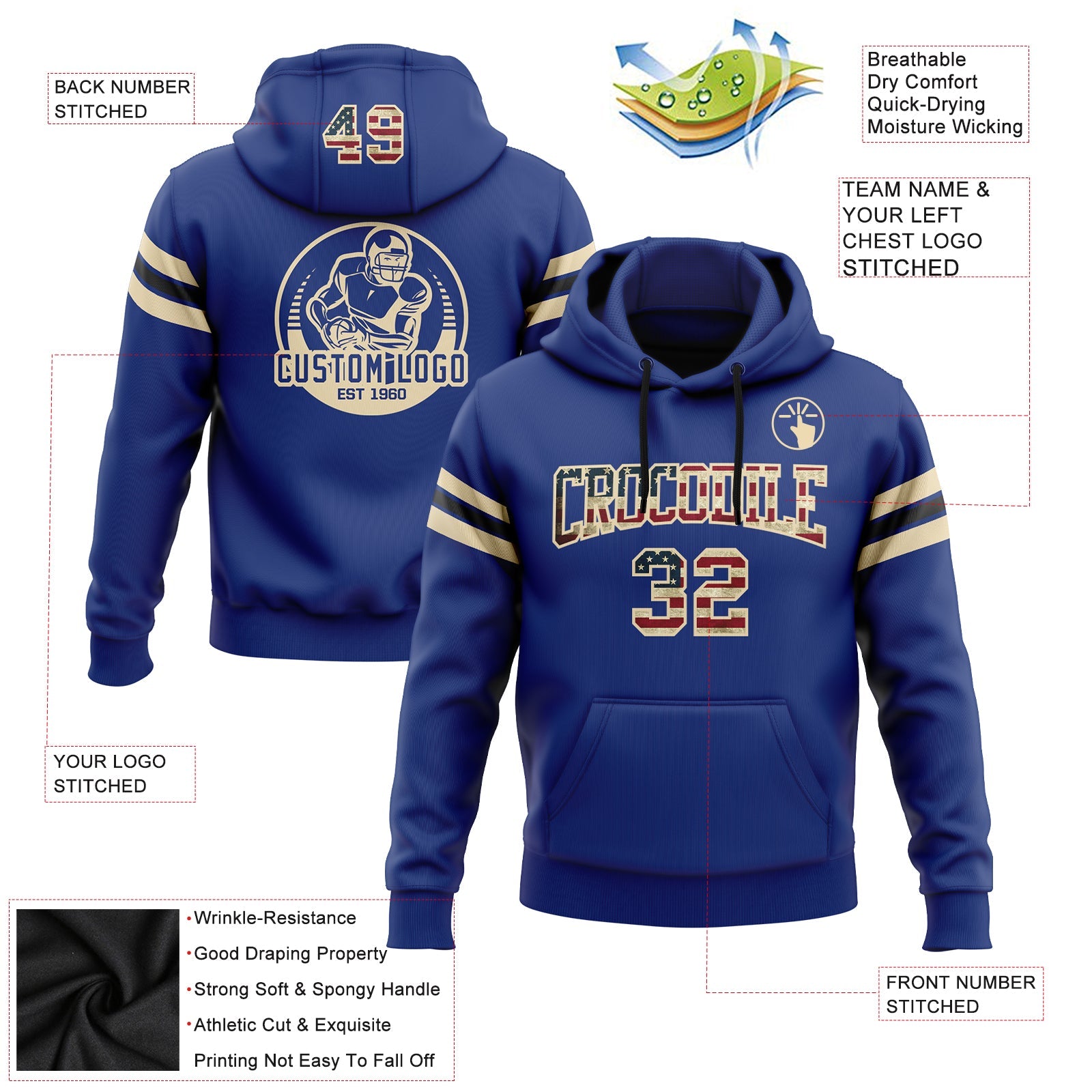 Custom Stitched Royal Vintage USA Flag City Cream-Black Football Pullover Sweatshirt Hoodie view 2