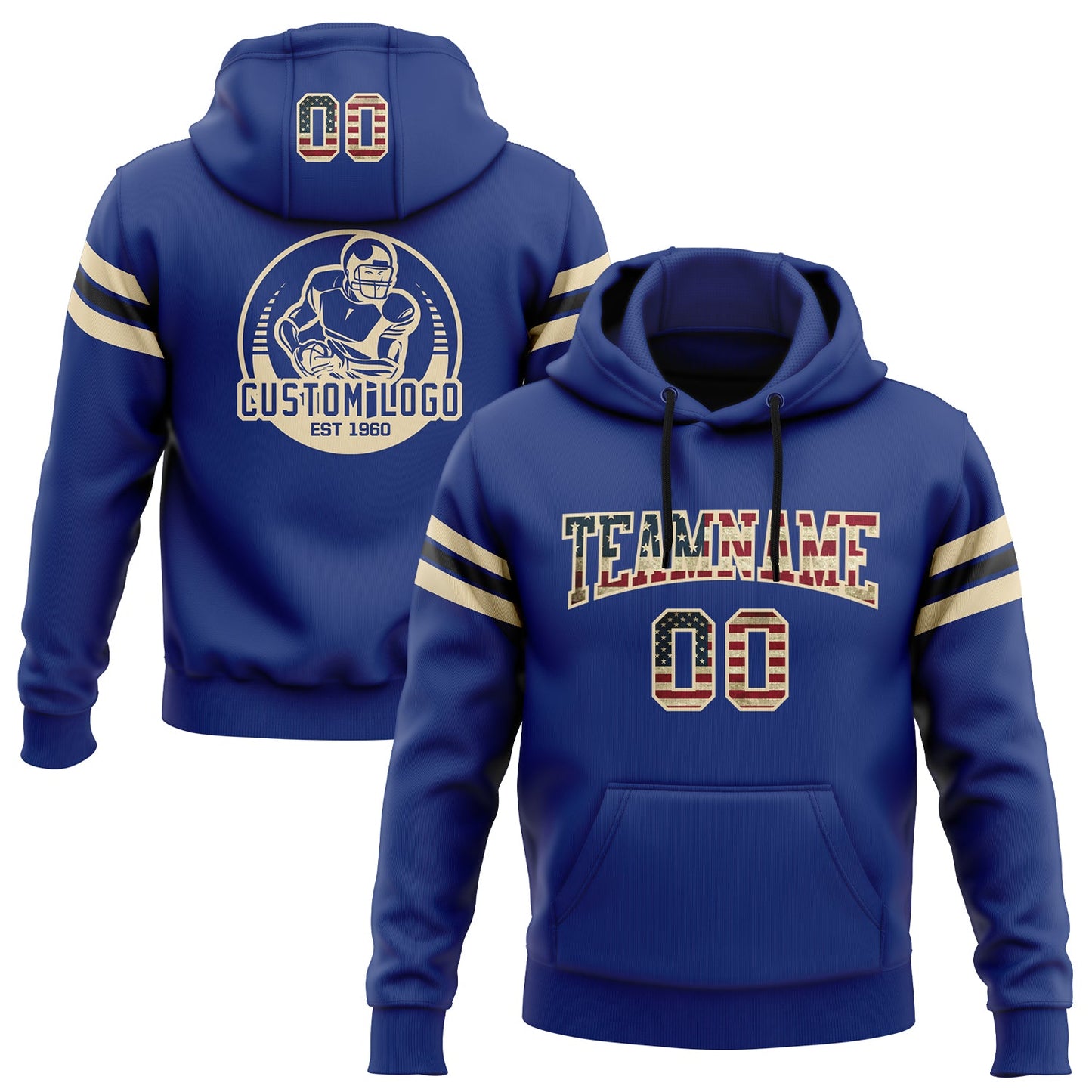 Custom Stitched Royal Vintage USA Flag City Cream-Black Football Pullover Sweatshirt Hoodie - Main View