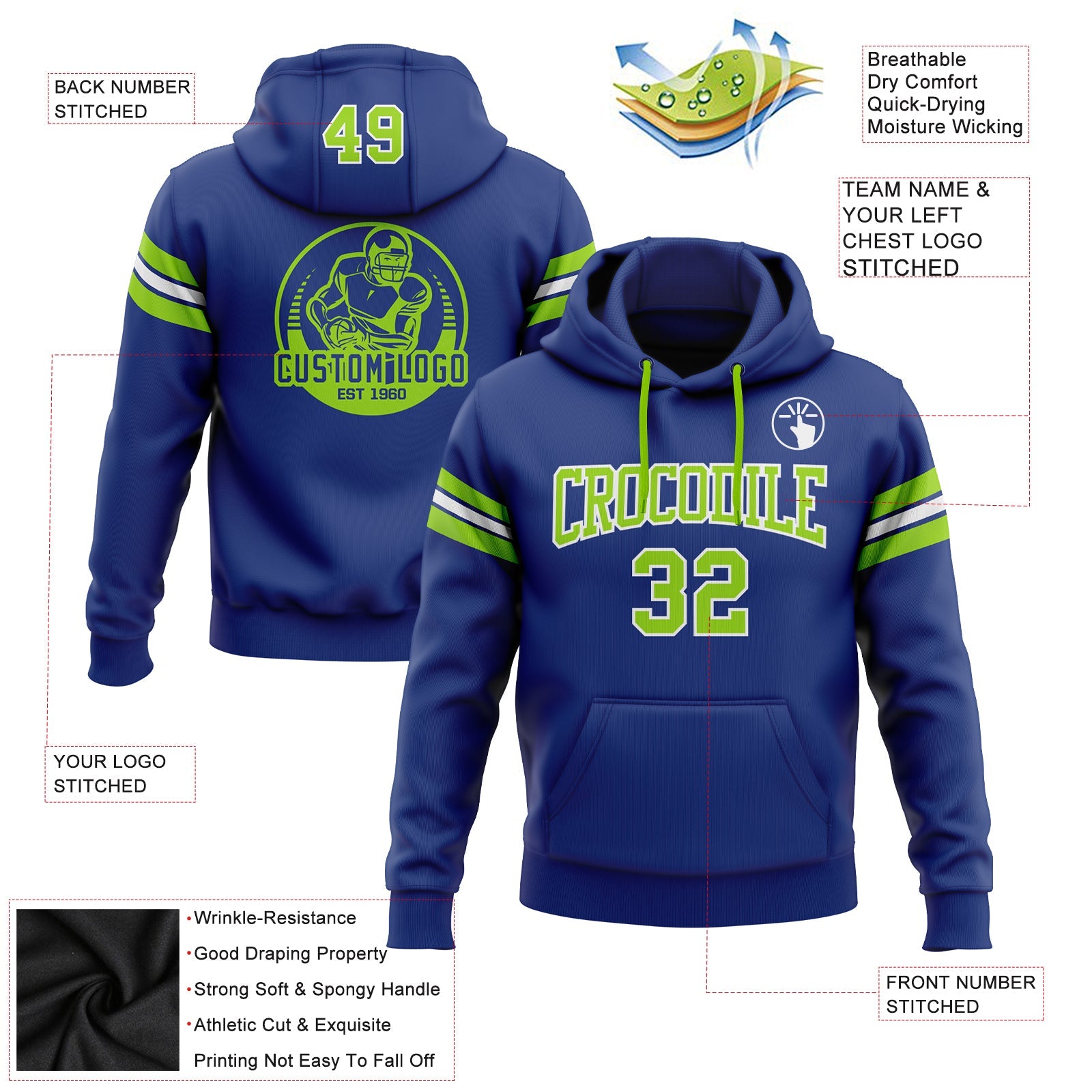 Custom Stitched Royal Neon Green-White Football Pullover Sweatshirt Hoodie view 2