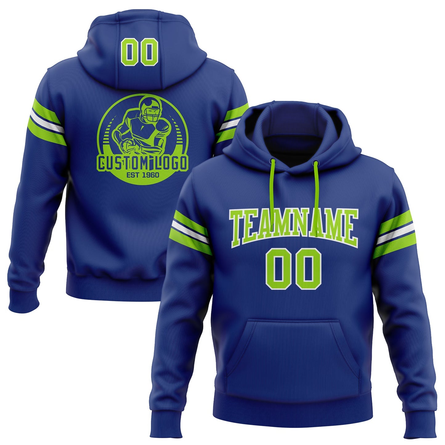 Custom Stitched Royal Neon Green-White Football Pullover Sweatshirt Hoodie - Main View