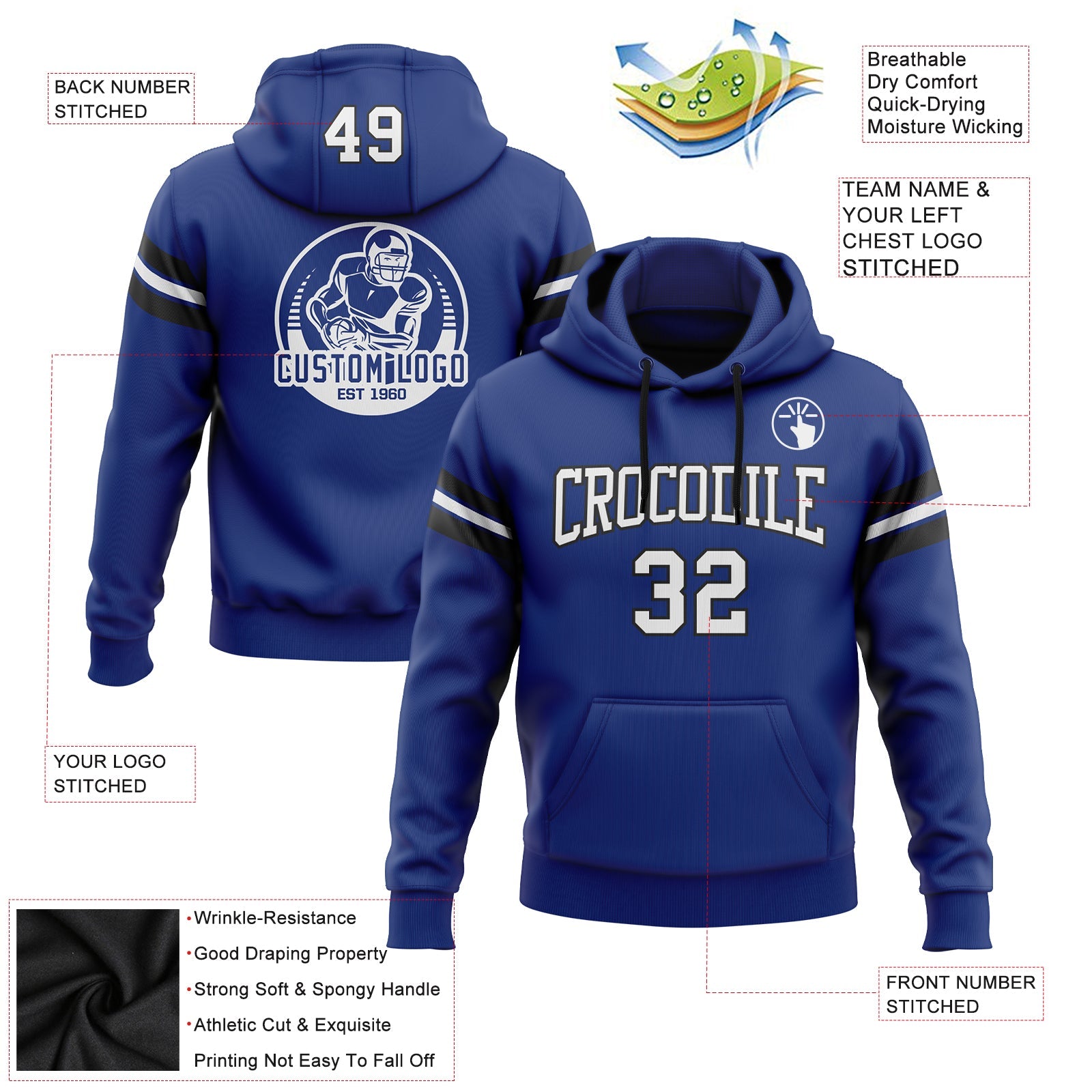 Custom Stitched Royal White-Black Football Pullover Sweatshirt Hoodie view 2