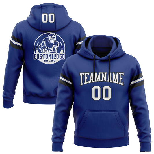 Custom Stitched Royal White-Black Football Pullover Sweatshirt Hoodie - Main View