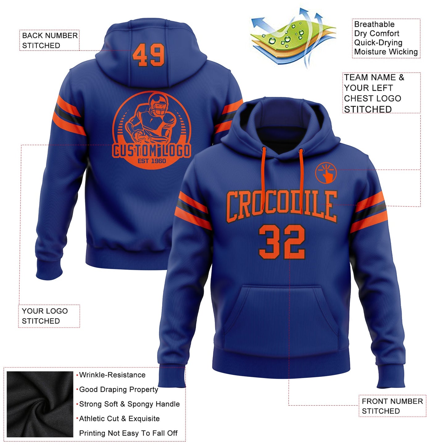 Custom Stitched Royal Orange-Black Football Pullover Sweatshirt Hoodie view 2