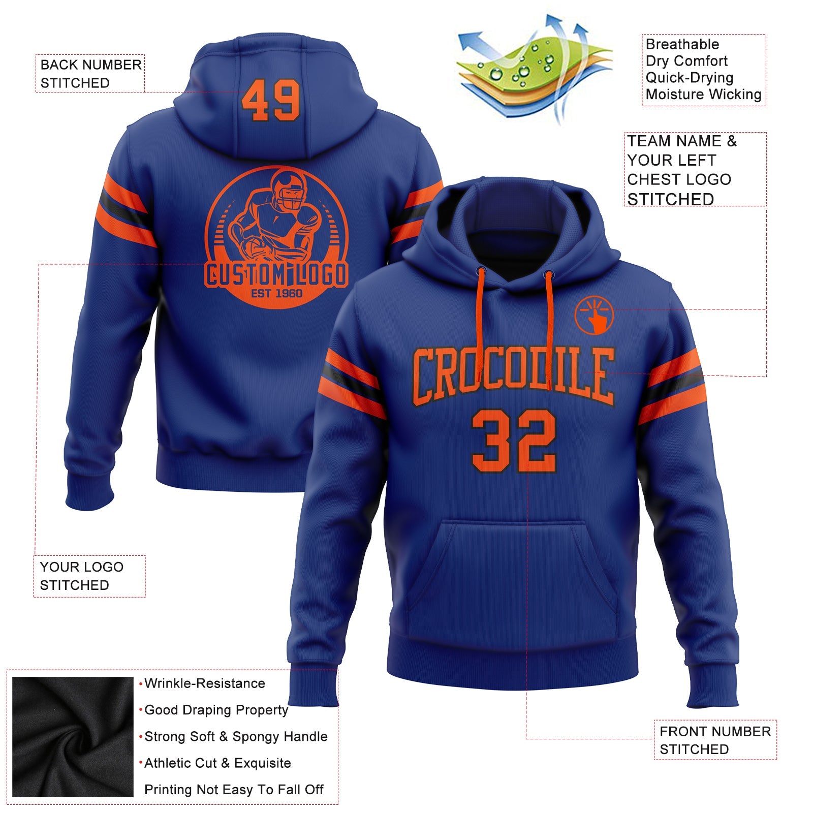 Custom Stitched Royal Orange-Black Football Pullover Sweatshirt Hoodie view 2