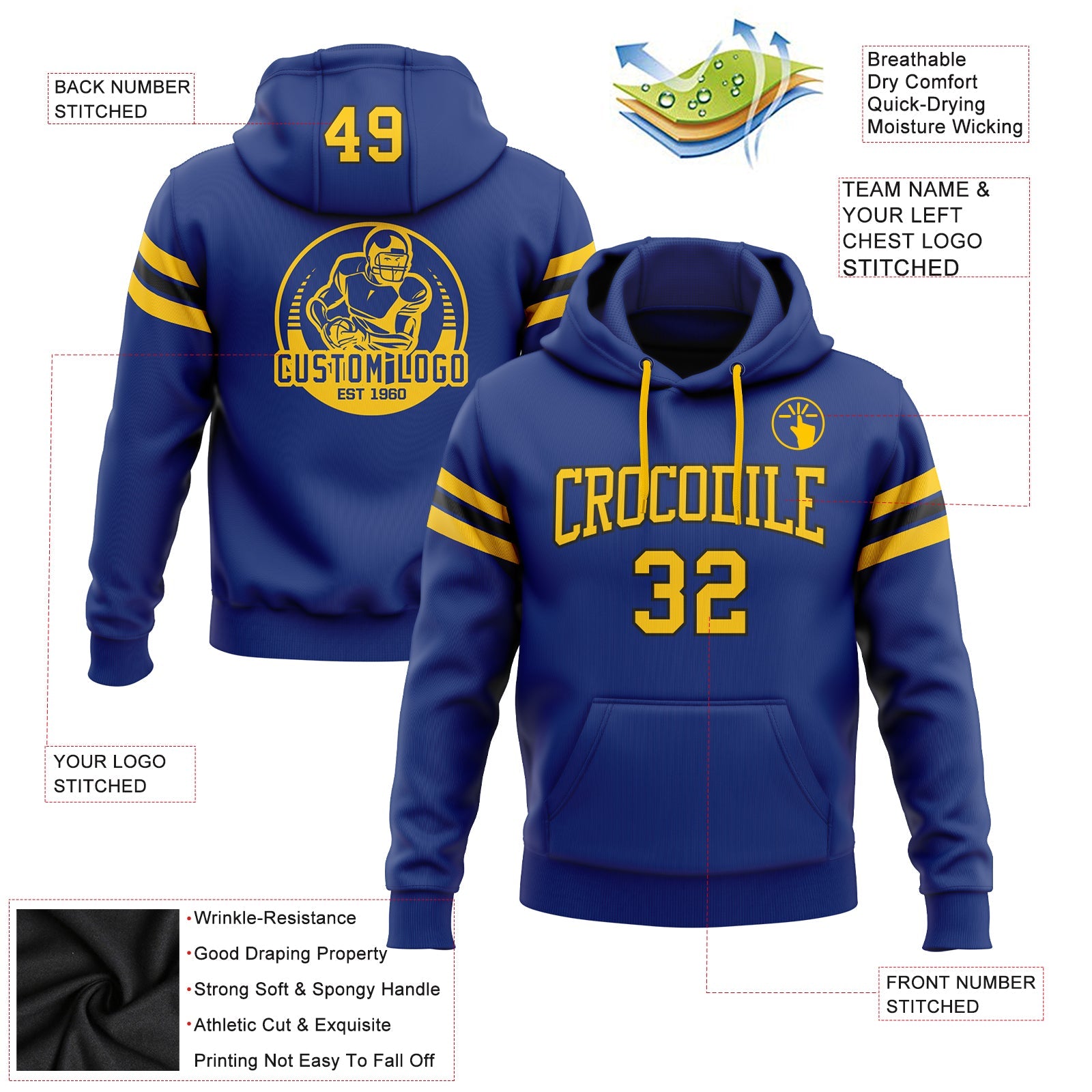 Custom Stitched Royal Yellow-Black Football Pullover Sweatshirt Hoodie view 2