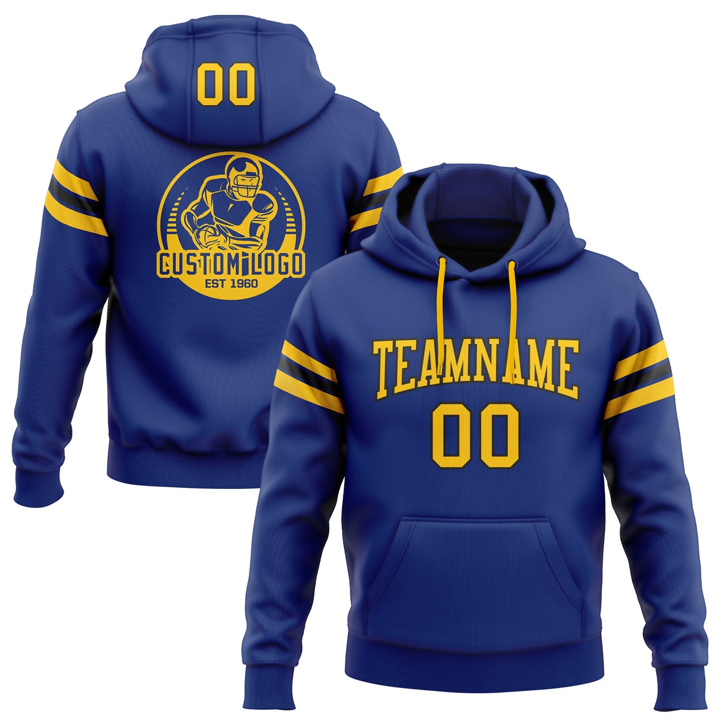 Custom Stitched Royal Yellow-Black Football Pullover Sweatshirt Hoodie - Main View