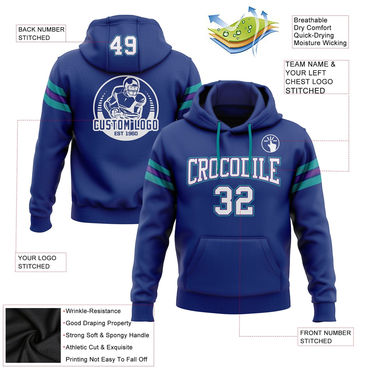 Custom Stitched Royal White Purple-Teal Football Pullover Sweatshirt Hoodie view 2