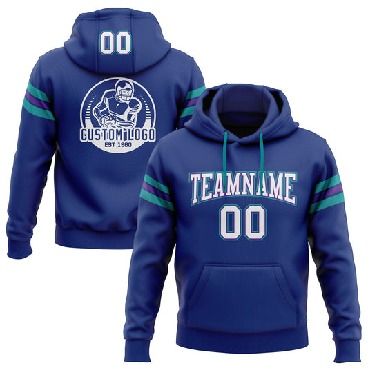 Custom Stitched Royal White Purple-Teal Football Pullover Sweatshirt Hoodie - Main View