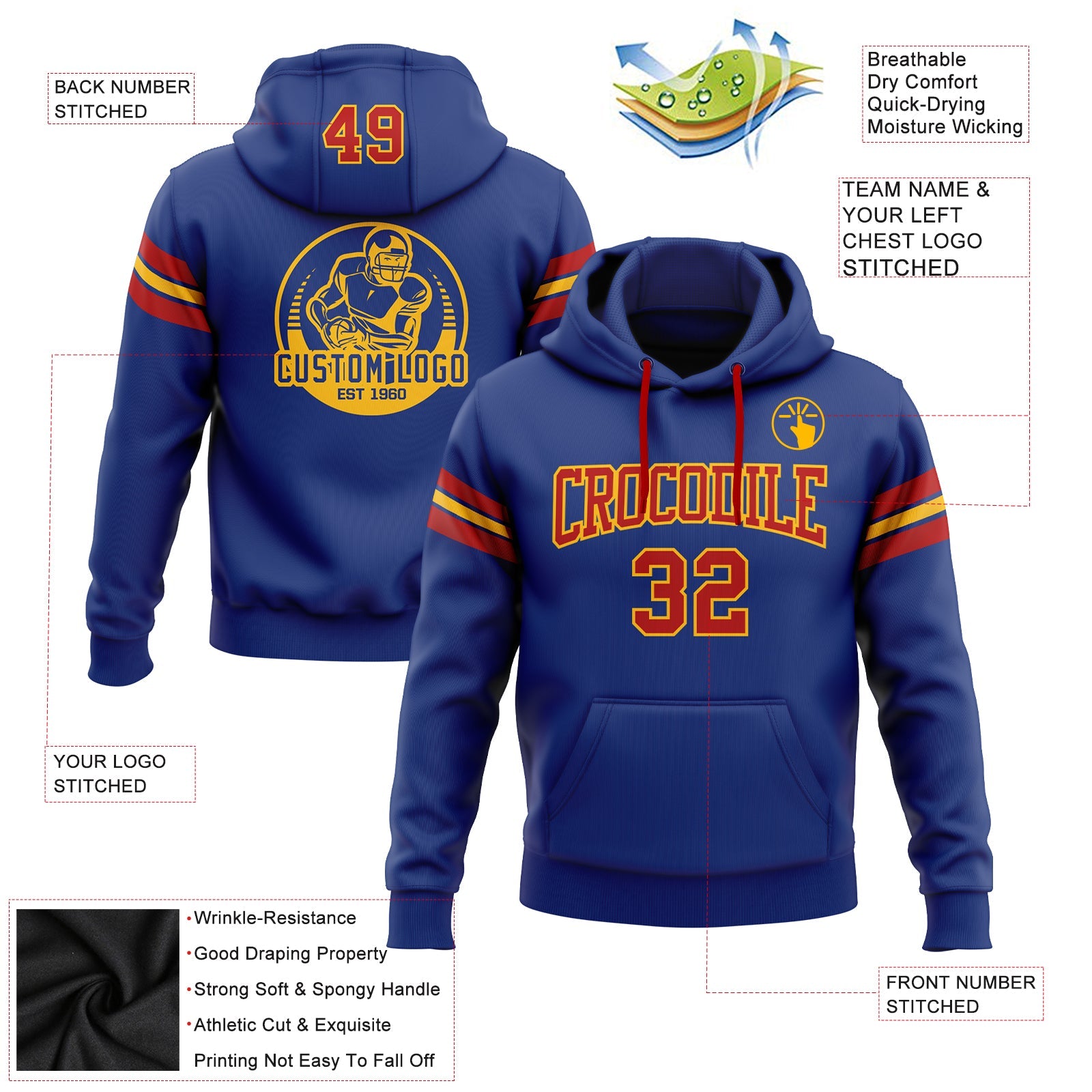 Custom Stitched Royal Red-Gold Football Pullover Sweatshirt Hoodie view 2