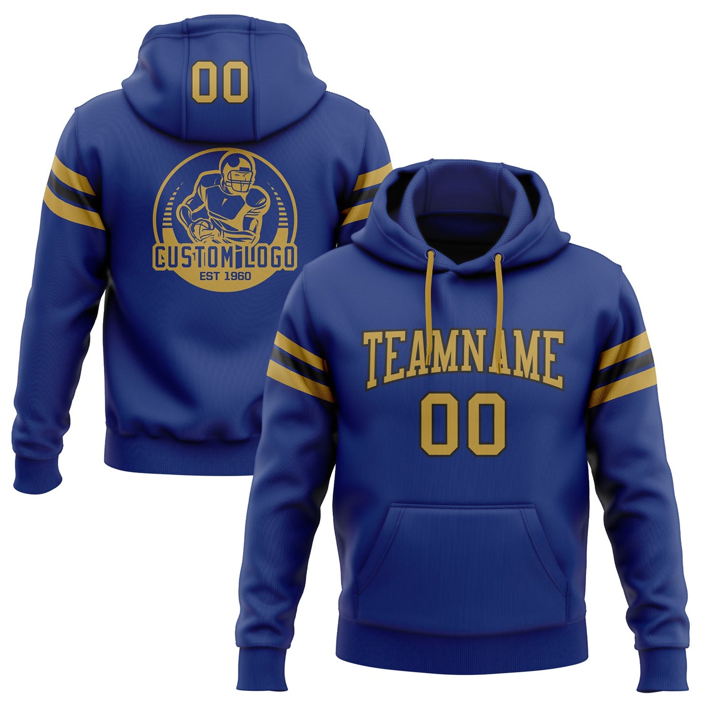 Custom Stitched Royal Old Gold-Black Football Pullover Sweatshirt Hoodie - Main View
