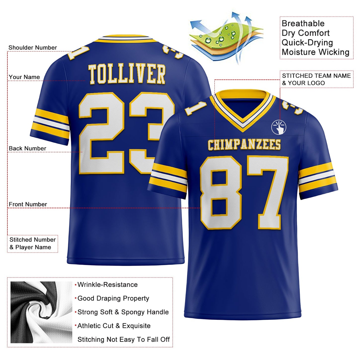 Custom Royal White-Yellow Authentic Football Jersey view 2