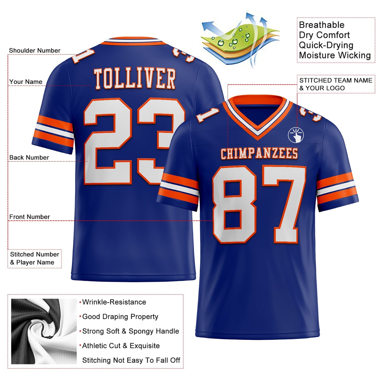Custom Royal White-Orange Authentic Football Jersey view 2