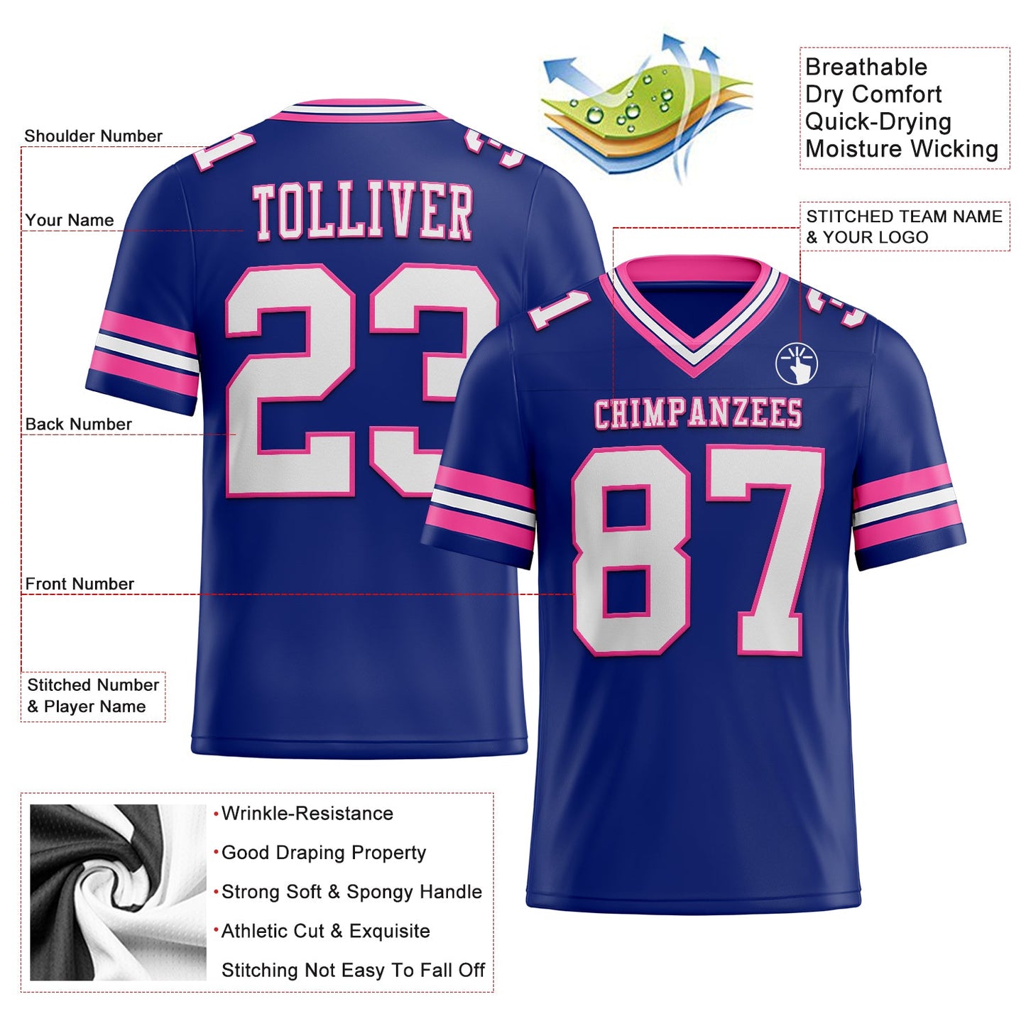 Custom Royal White-Pink Authentic Football Jersey view 2